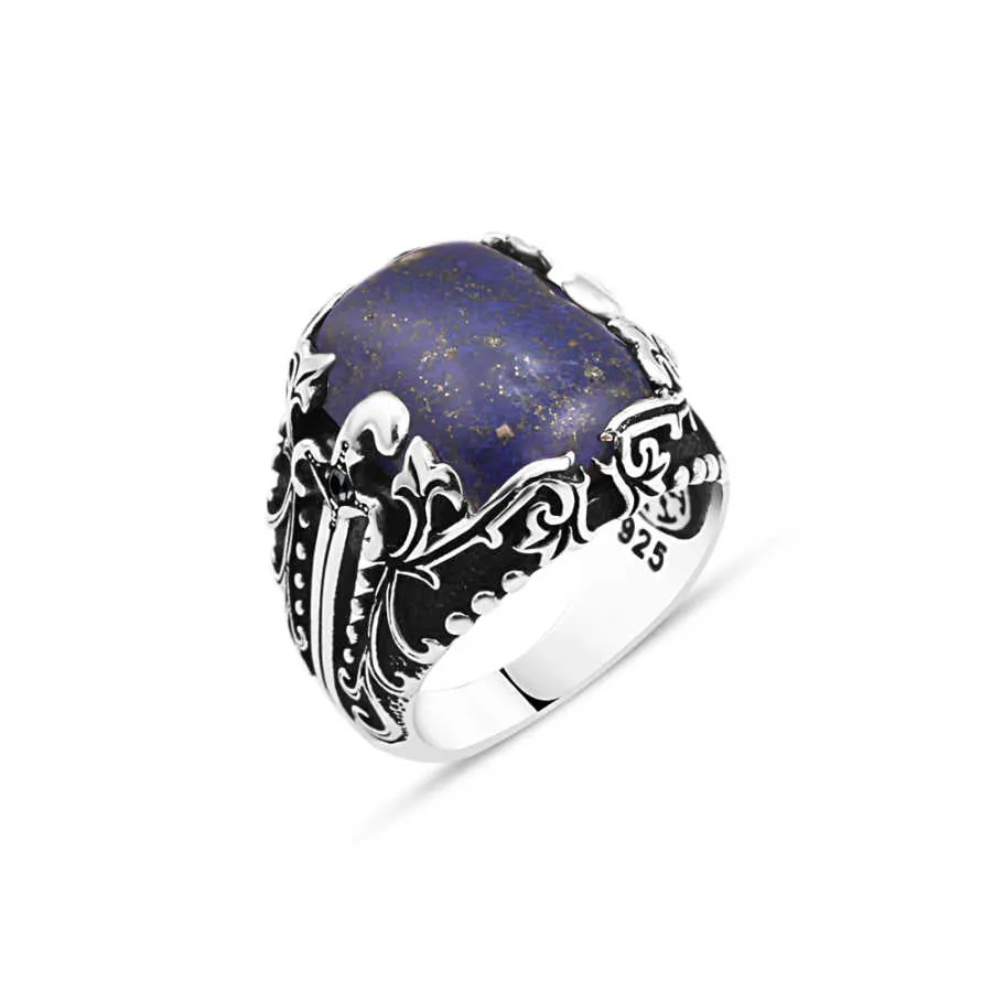 Square Purple Pressed Lapis Stone Silver Men's Ring with Sword Pattern