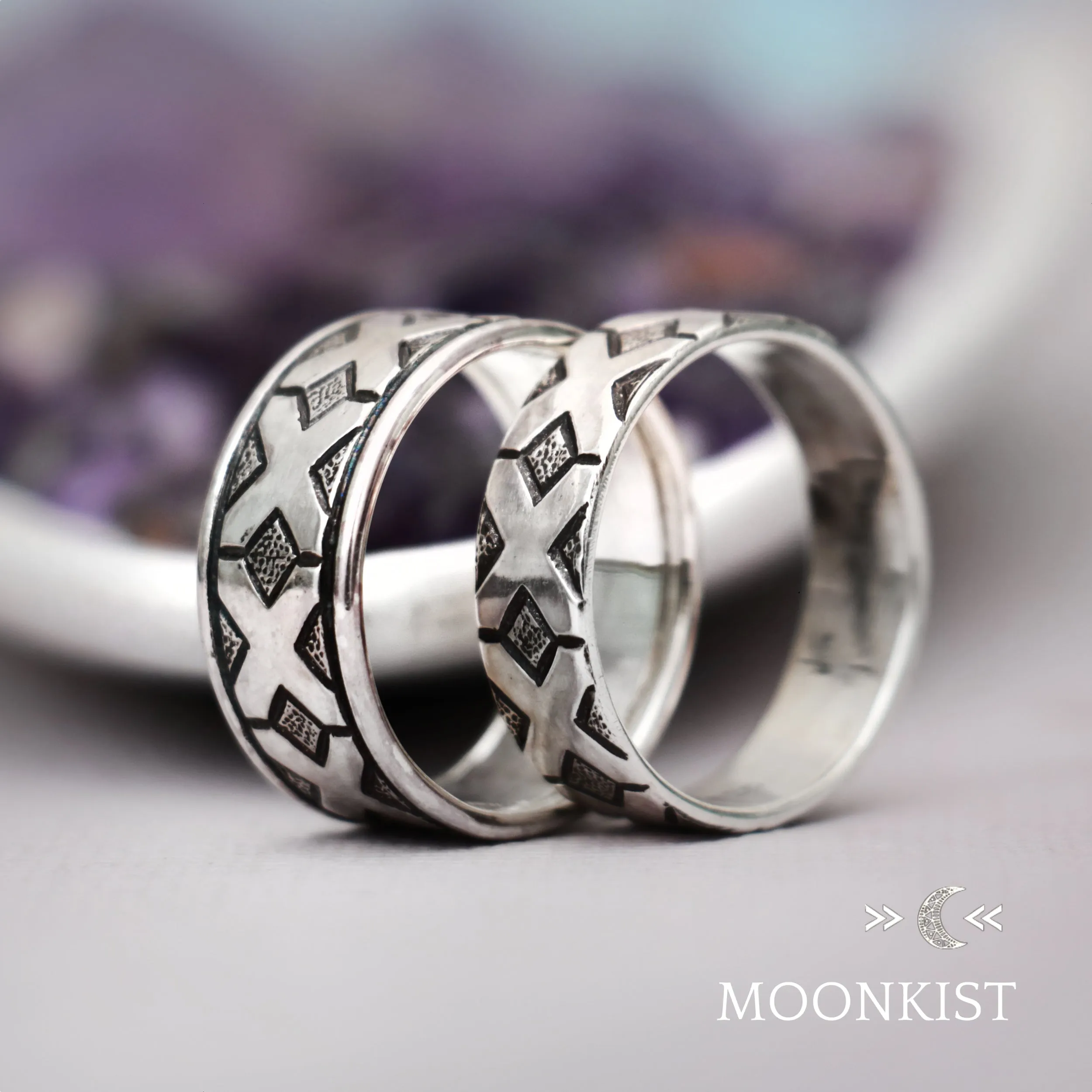 Sterling Silver Geometric Matching Wedding Ring Set | Moonkist Designs