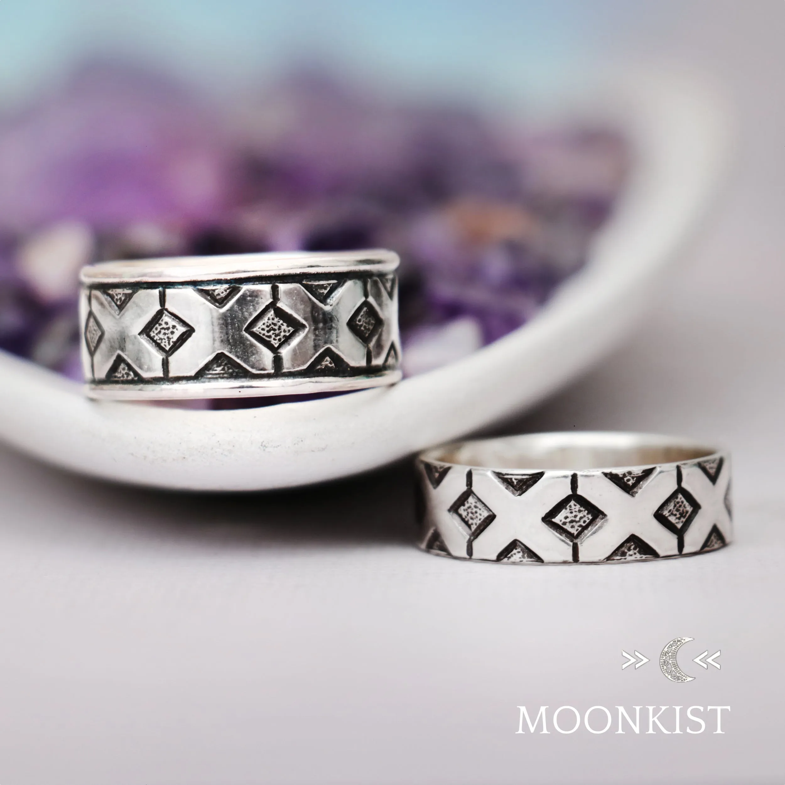 Sterling Silver Geometric Matching Wedding Ring Set | Moonkist Designs