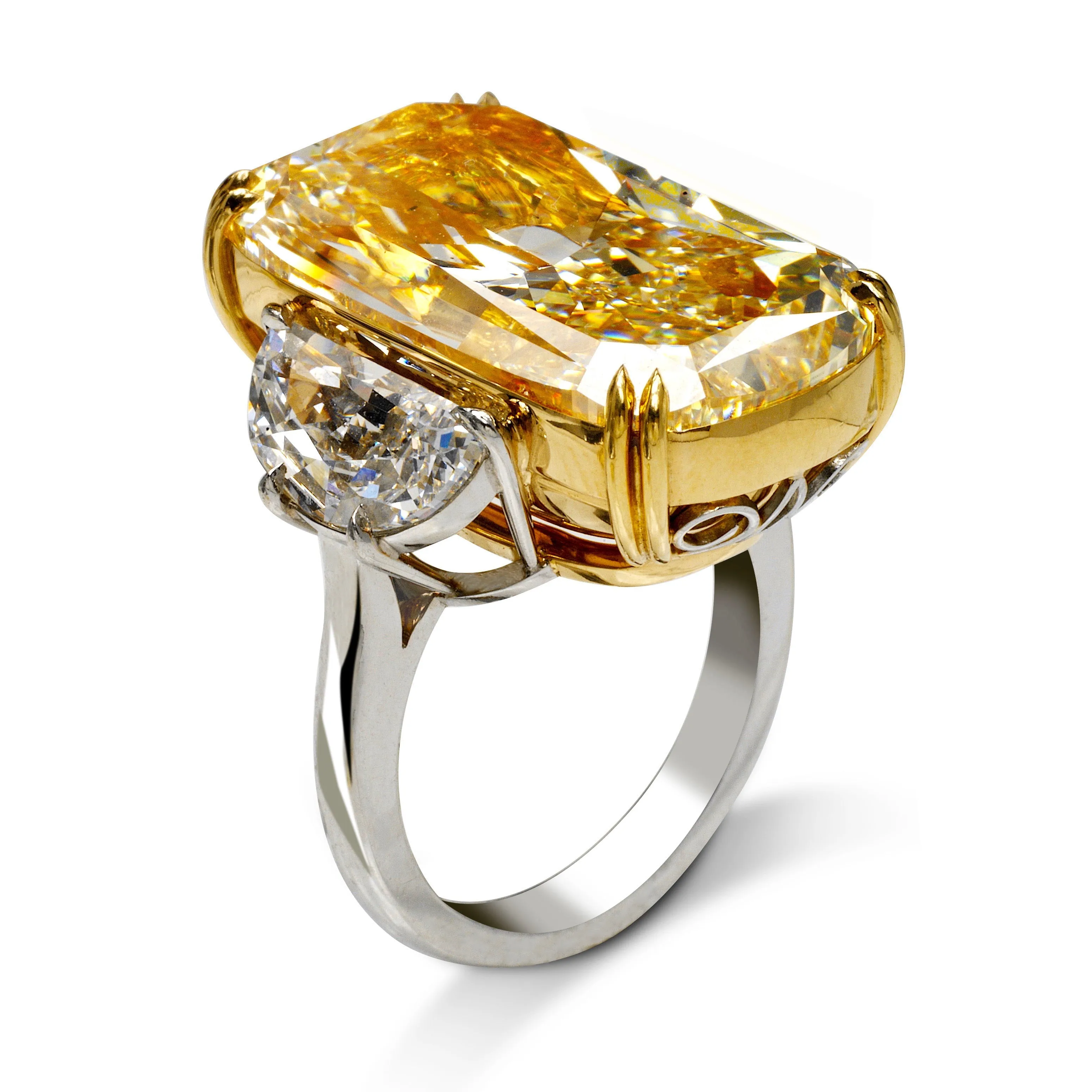 SUN 30 CARAT CUSHION CUT FANCY INTENSE YELLOW COLOR SI1 CLARITY DIAMOND ENGAGEMENT RING PLATINUM & 18K GOLD GIA CERTIFIED 28 CT FIY SI1 BY MIKE NEKTA