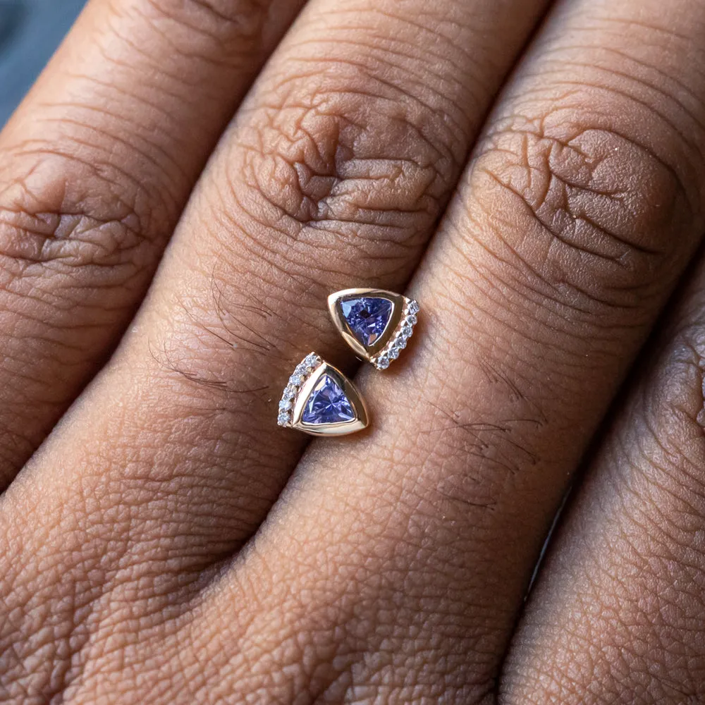 Tanzanite and Diamond Fan stud earrings in 14k Yellow and White Gold