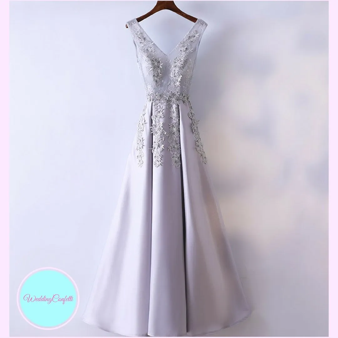 The Kaia Grey Sleeveless Lace Embroidered Gown