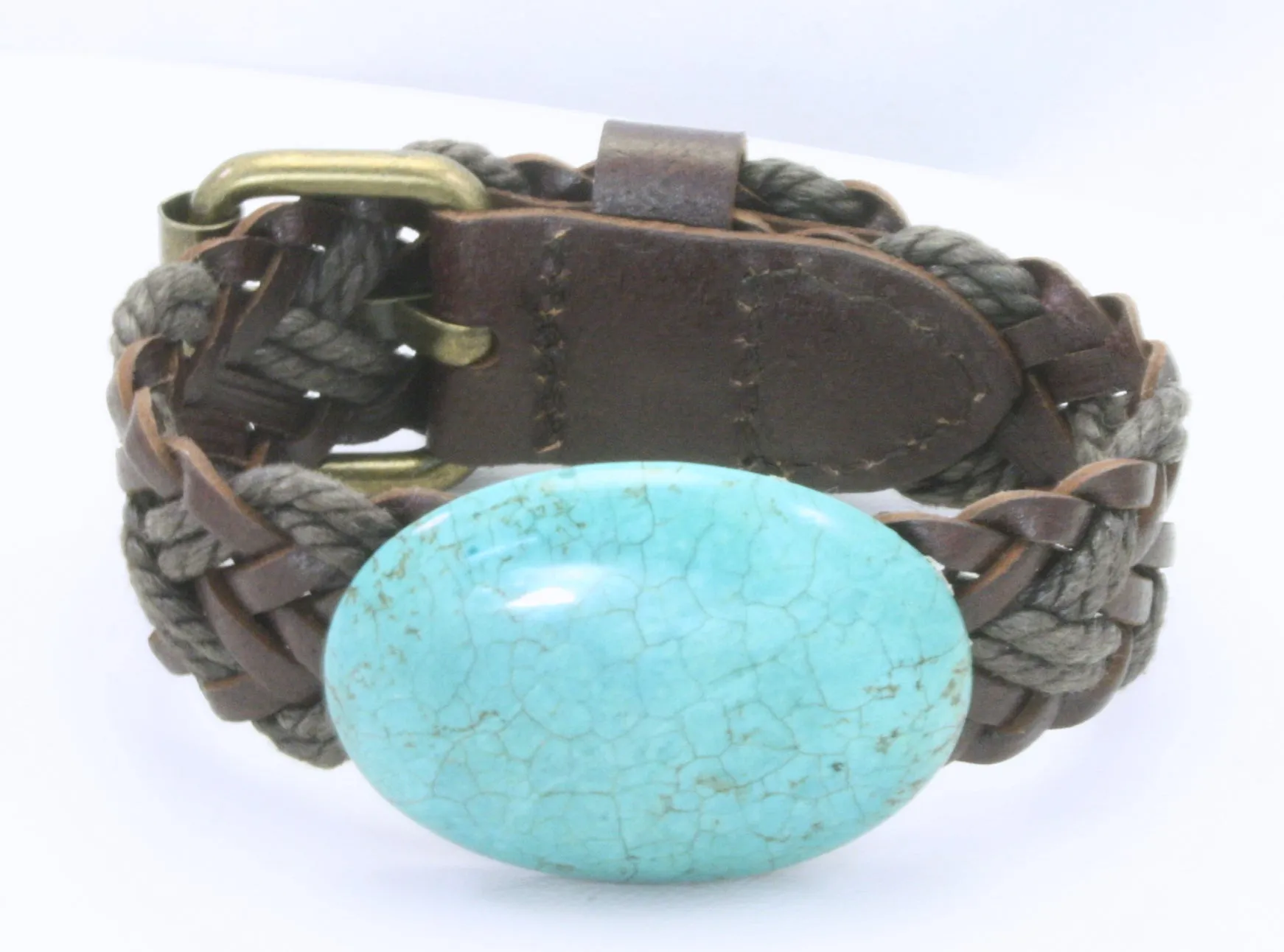 Turquoise Braided Leather Buckle Bracelet