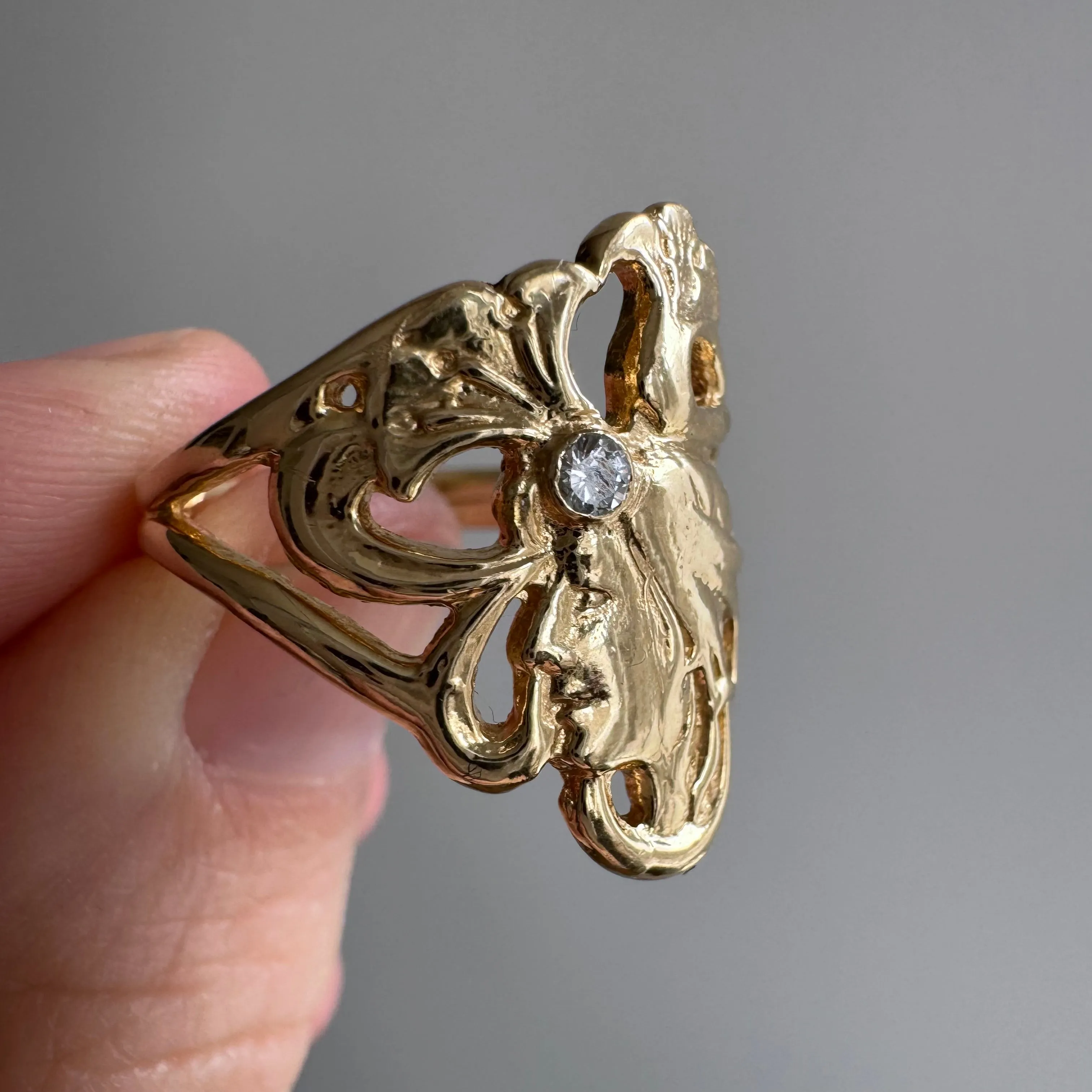 V I N T A G E // 1990s does 1930s / 14k and diamond ginko goddess ring / size 7.75