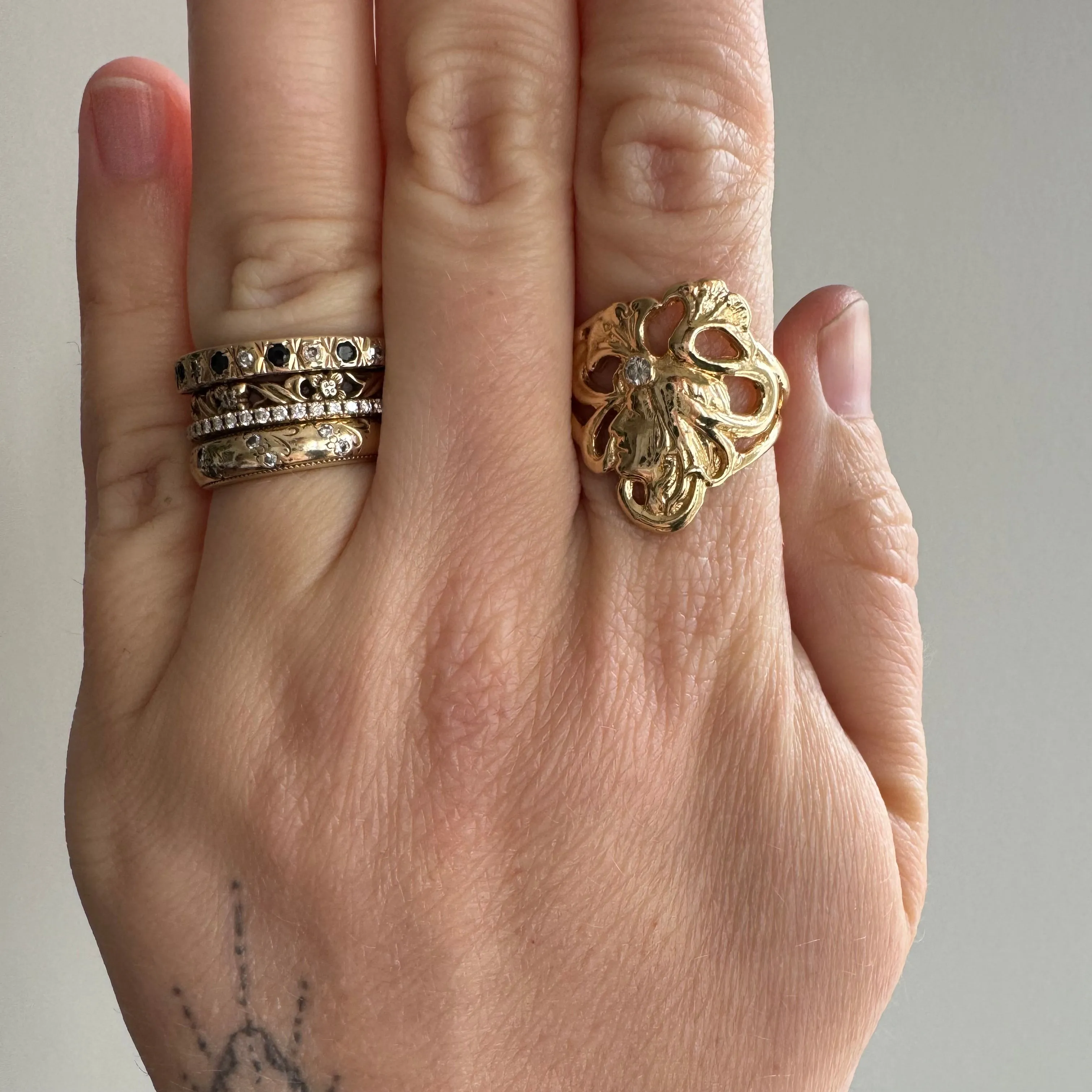 V I N T A G E // 1990s does 1930s / 14k and diamond ginko goddess ring / size 7.75