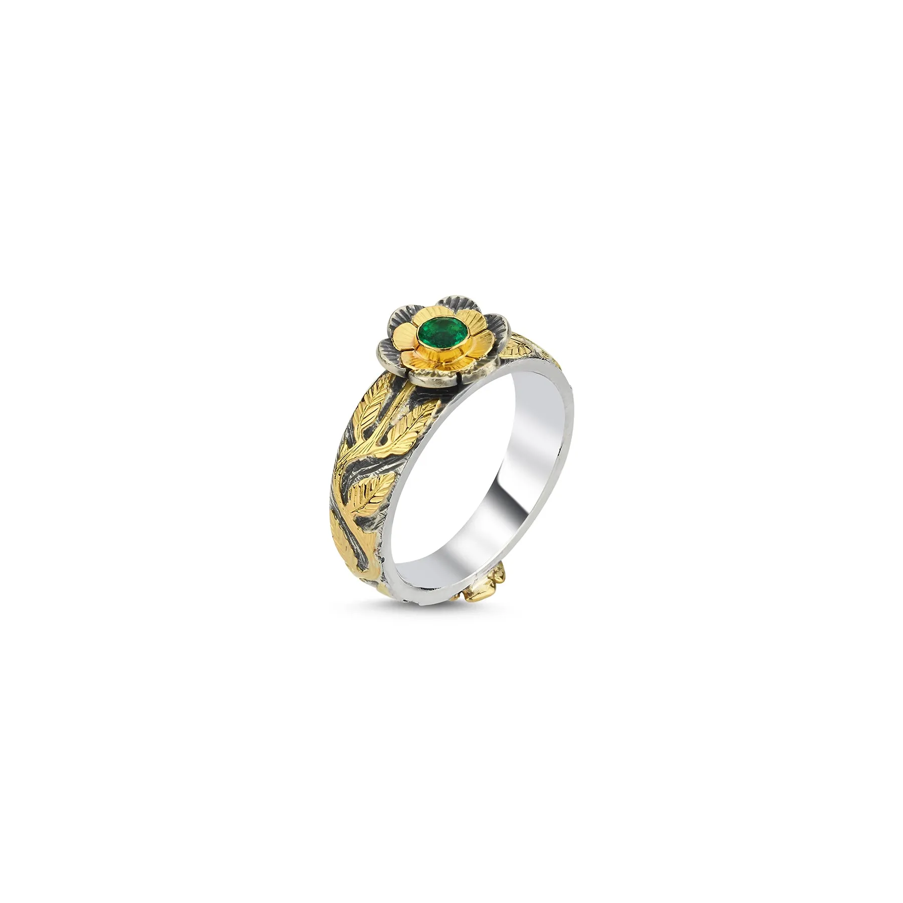 VALLETTA PRIMROSE TENDRIL EMERALD DOUBLE FLOWER RING