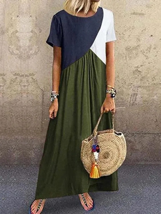 Versatile Color Block Swing Maxi Dress for Women - Green/Purple/Yellow