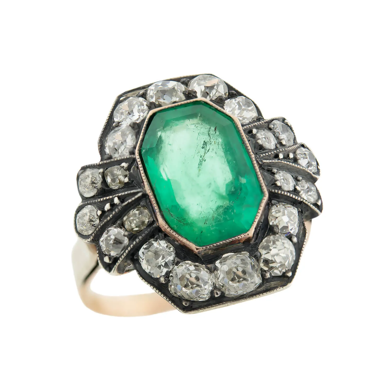 Victorian 15k   Sterling 3.50ctw Emerald   Diamond Cluster Ring