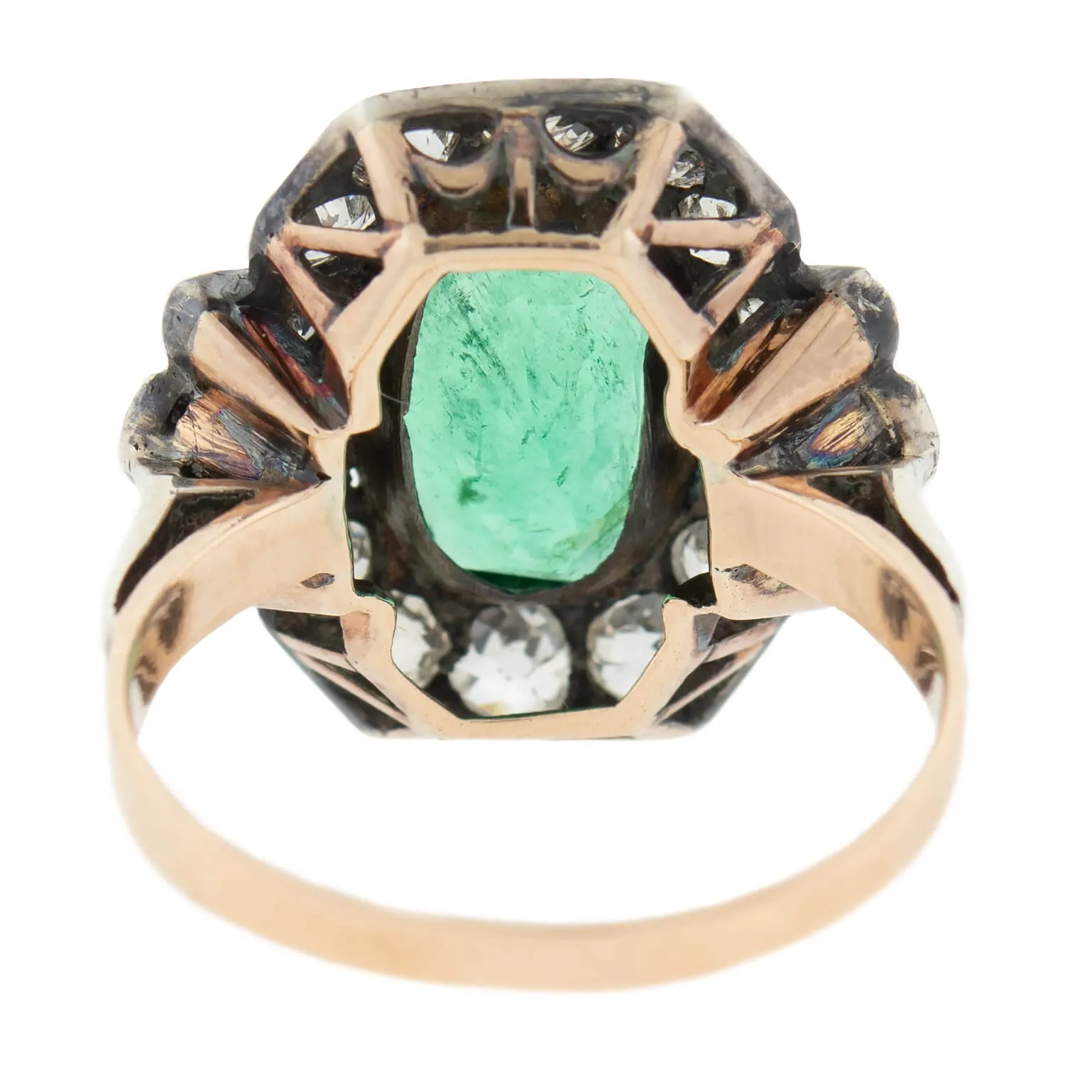 Victorian 15k   Sterling 3.50ctw Emerald   Diamond Cluster Ring