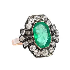 Victorian 15k   Sterling 3.50ctw Emerald   Diamond Cluster Ring