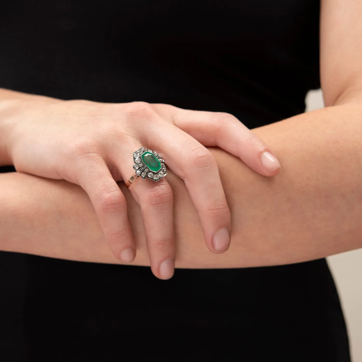 Victorian 15k   Sterling 3.50ctw Emerald   Diamond Cluster Ring