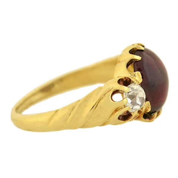 Victorian 15kt Cabochon Garnet   Diamond Ring 0.80ct center