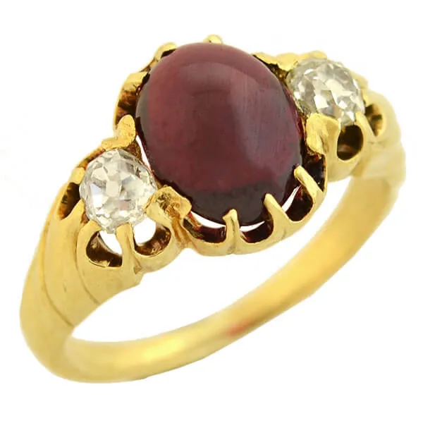 Victorian 15kt Cabochon Garnet   Diamond Ring 0.80ct center