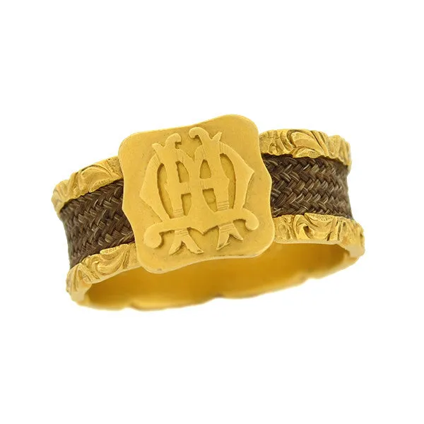 Victorian English 18kt Enamel & Woven Hair Mourning Ring