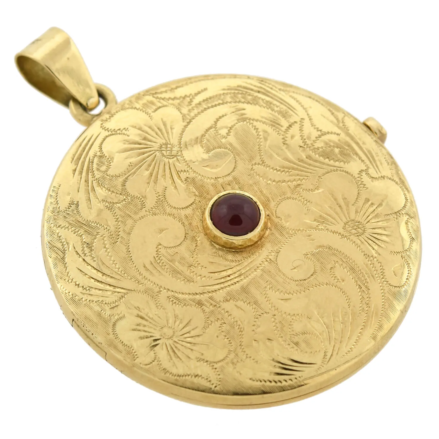 Victorian Large 14kt Etched Gold   Cabochon Garnet Locket