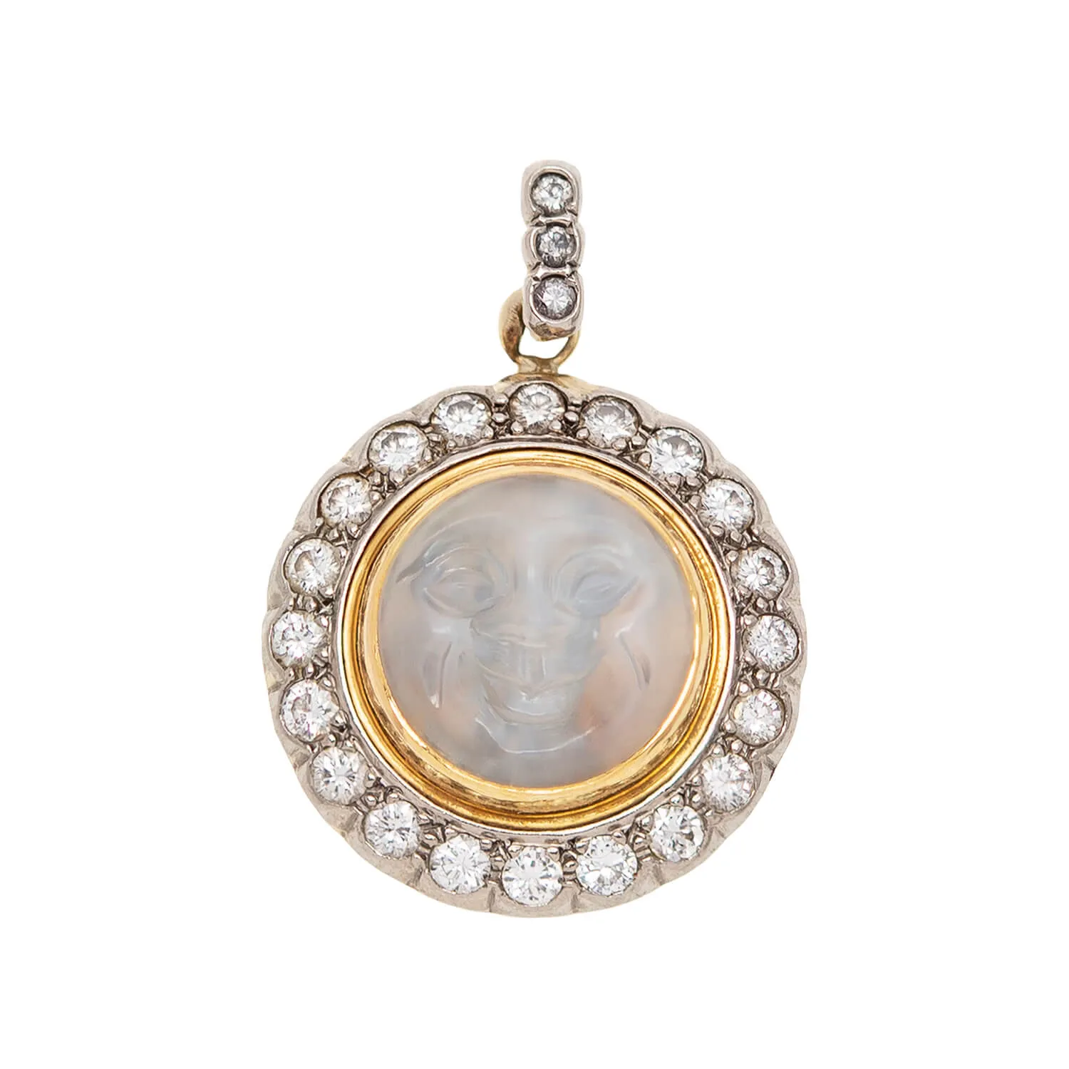 Victorian Revival 14k Carved Moonstone   Diamond "Man in the Moon" Pendant