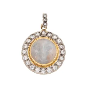 Victorian Revival 14k Carved Moonstone   Diamond "Man in the Moon" Pendant