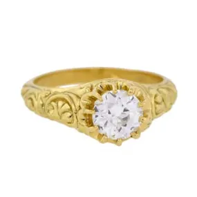 Victorian Style 18kt Repousse Diamond Ring .98ct