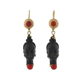 Vintage 10kt Faux Coral   Carved Wood Resin Blackamoor Earrings