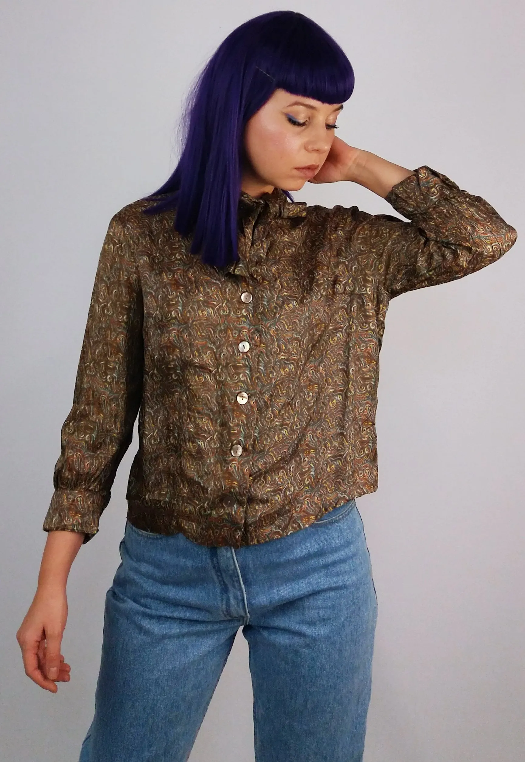 Vintage 80's Patterned Retro Blouse - size XS-S