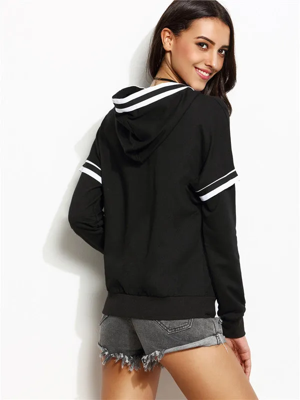 WealFeel White Striped Stitching Black Hooded Sweatshirt