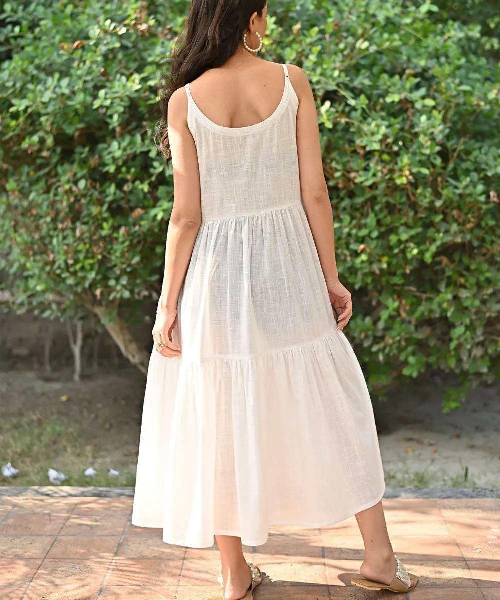 White hand embroidered cotton  strappy dress