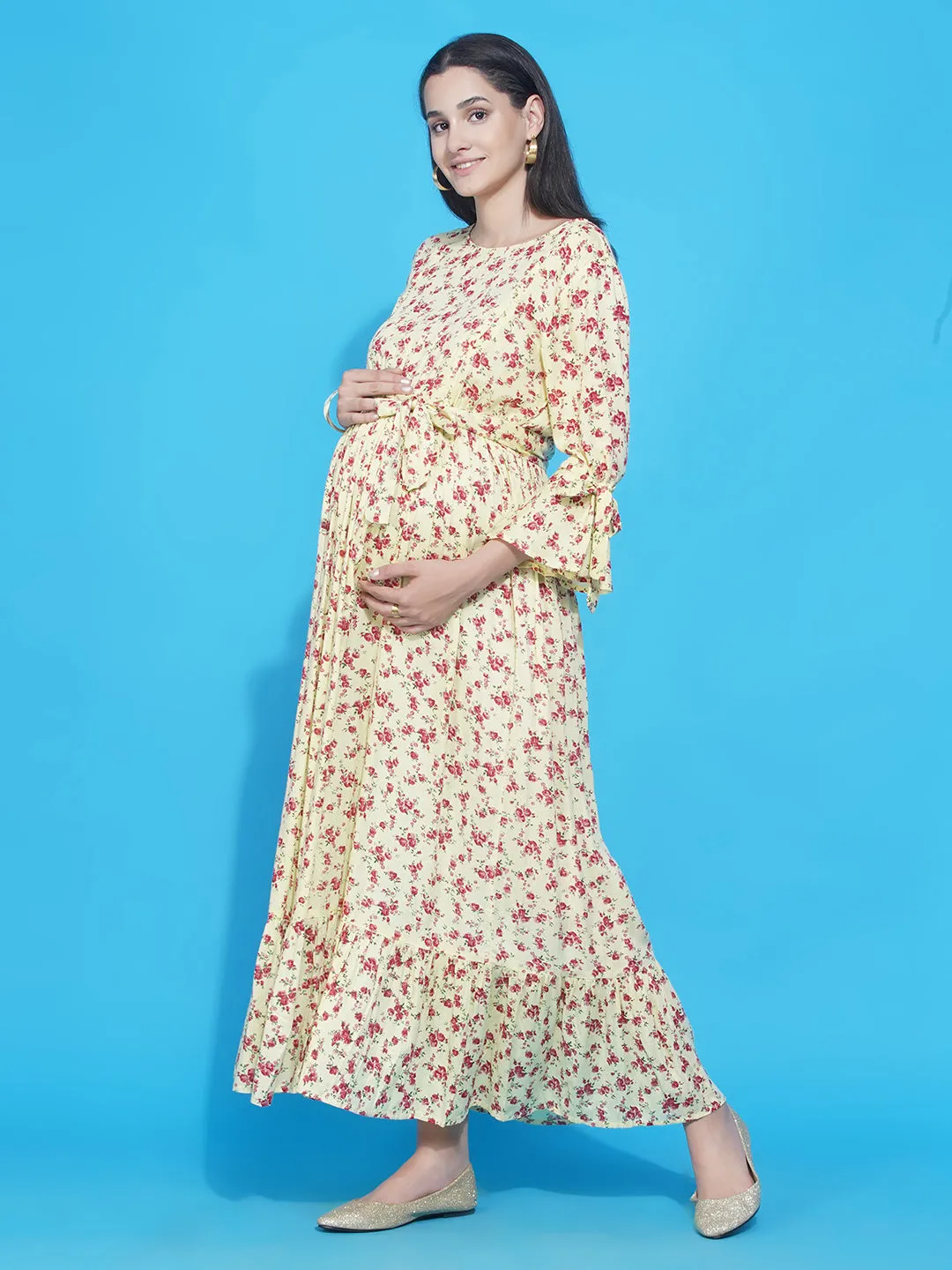 Yellow Floral Maxi Baby Shower Dress